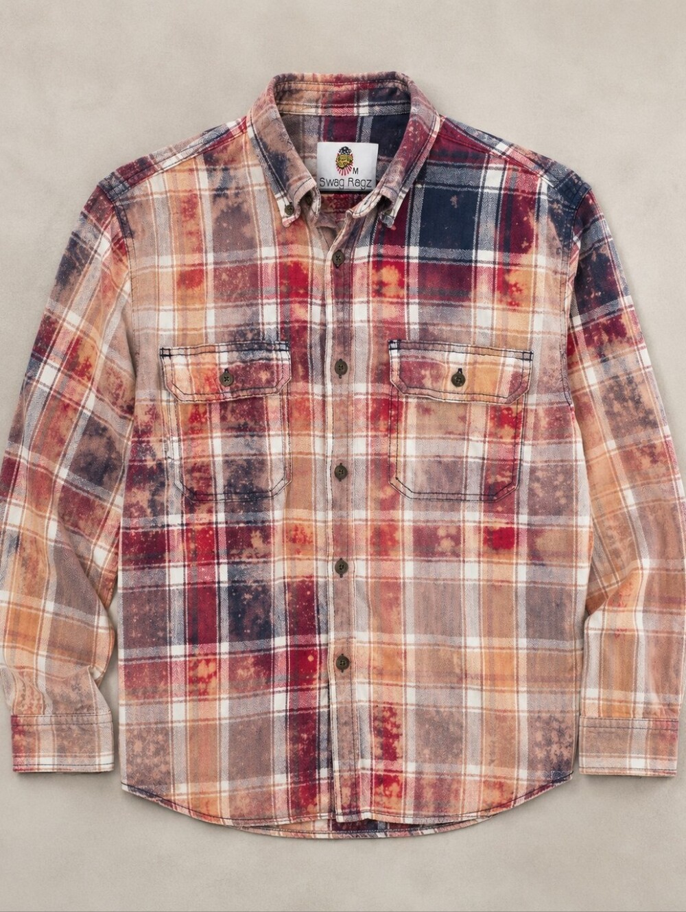 Cheveux Swag Ragz Upcycled Bleached Flannel Red White Plaid Unisex Size M Grunge - Picture 4 of 10